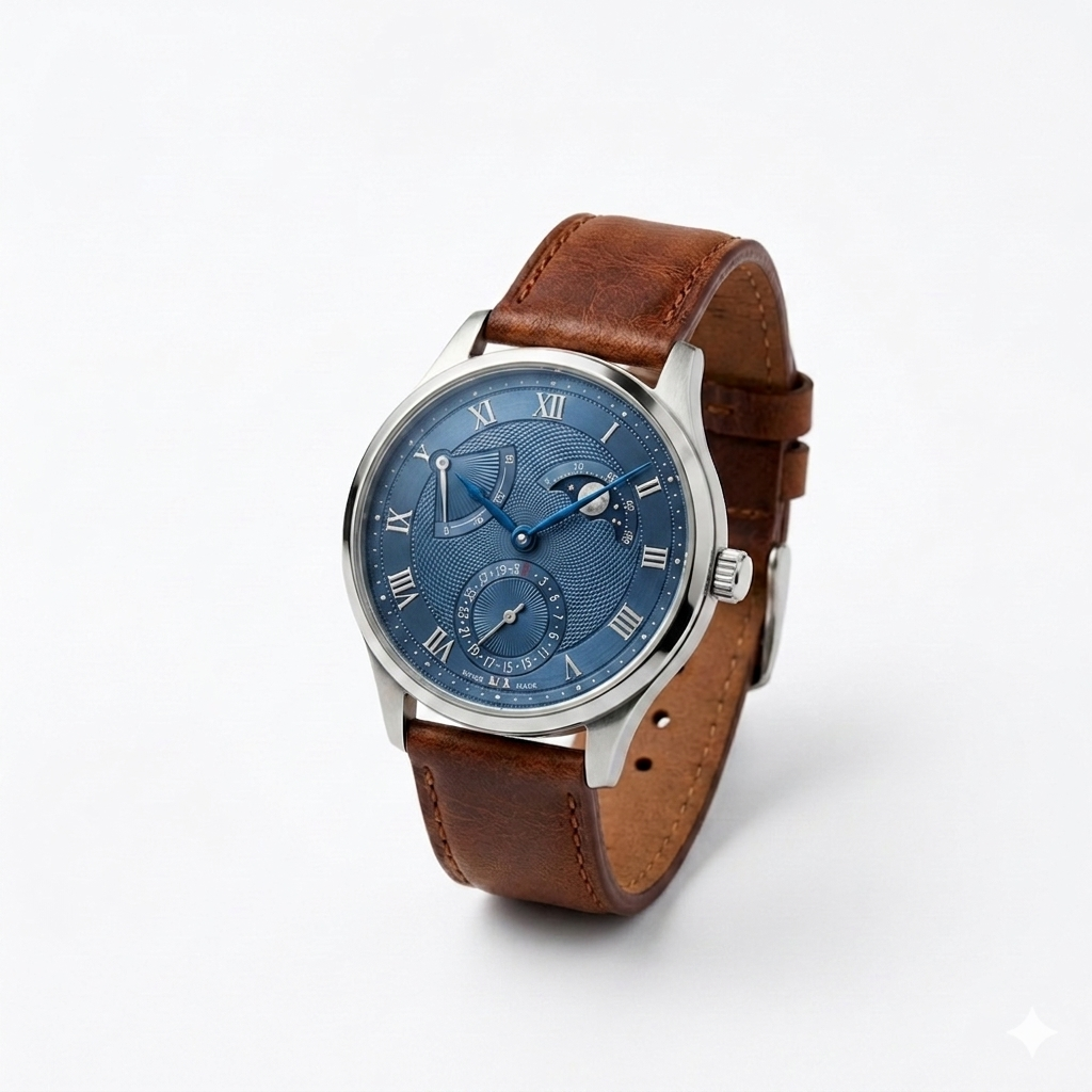 Classic Multi-Function Blue Dial Watch – Brown Leather Strap