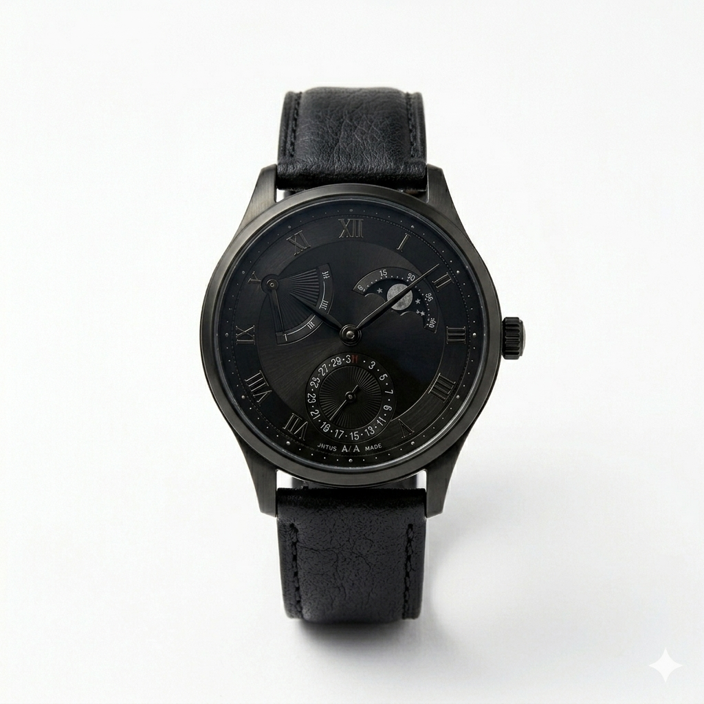 All-Black Multi-Function Watch – Classic Leather Strap