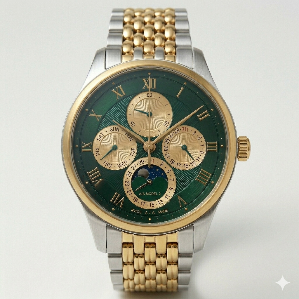 Green Dial Multi-Function Watch – Two-Tone Steel Strap
