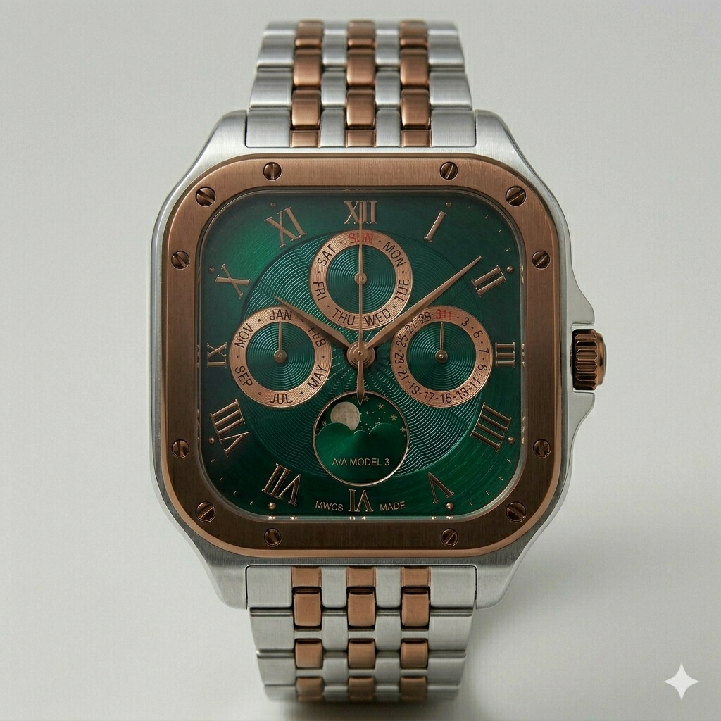 Square Green Dial Multi-Function Watch – Two-Tone Steel