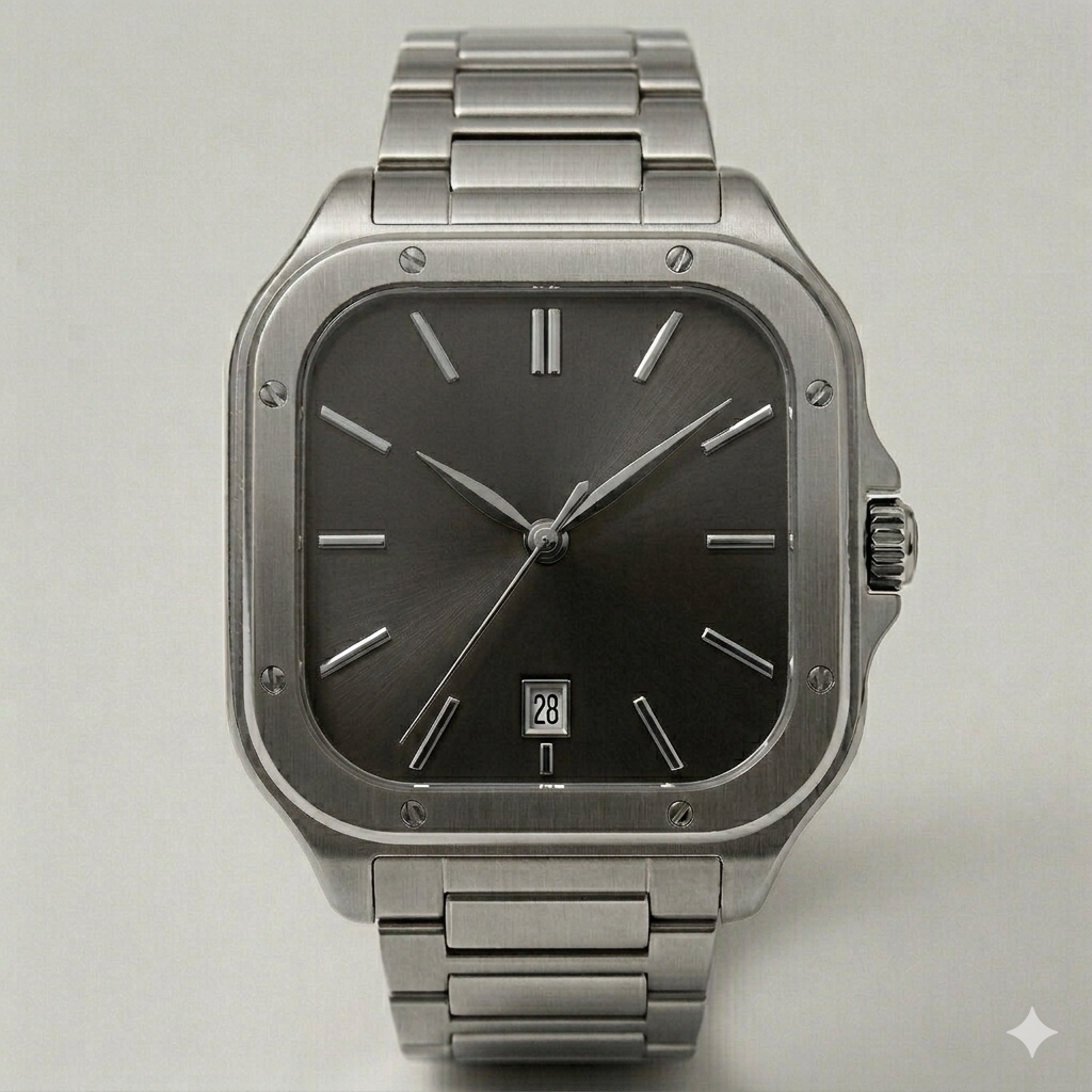 Square Black Dial Watch – Stainless Steel Strap