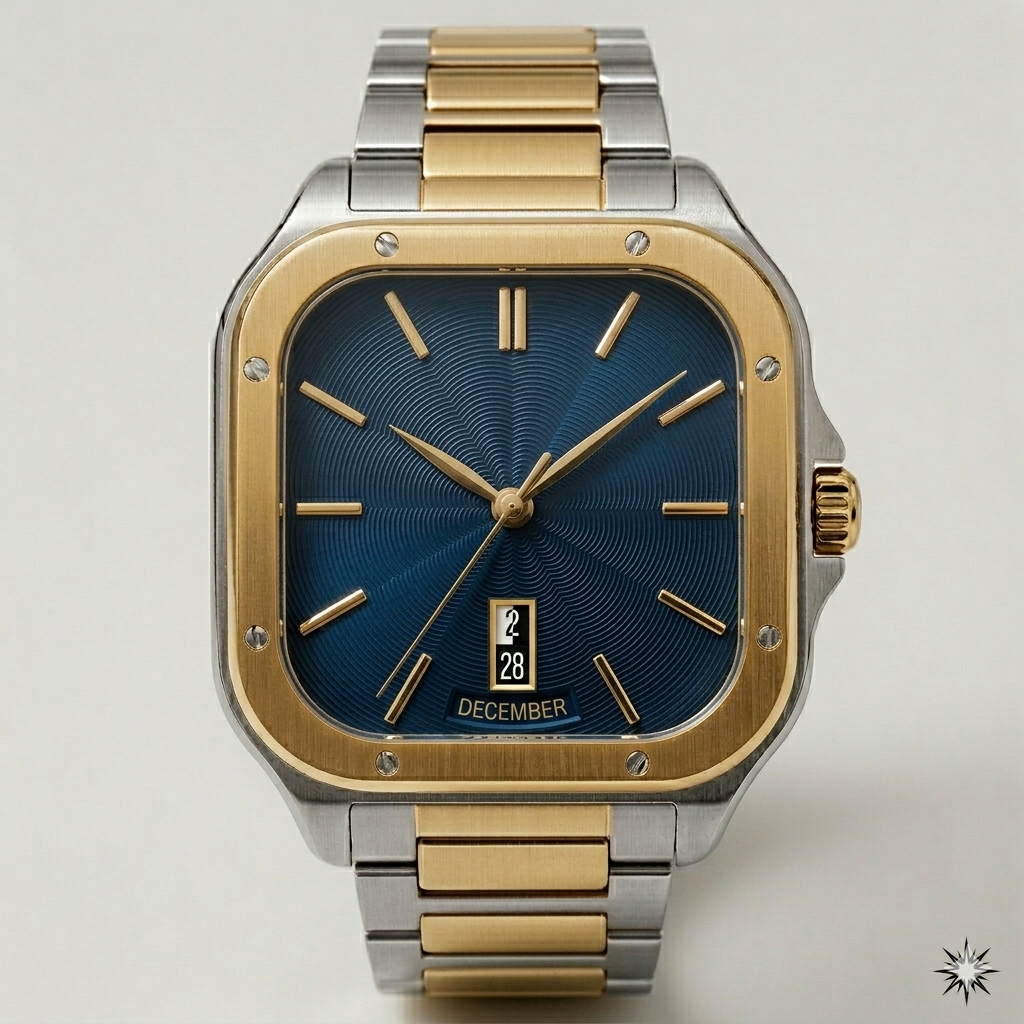 Square Blue Dial Watch – Two-Tone Stainless Steel Strap