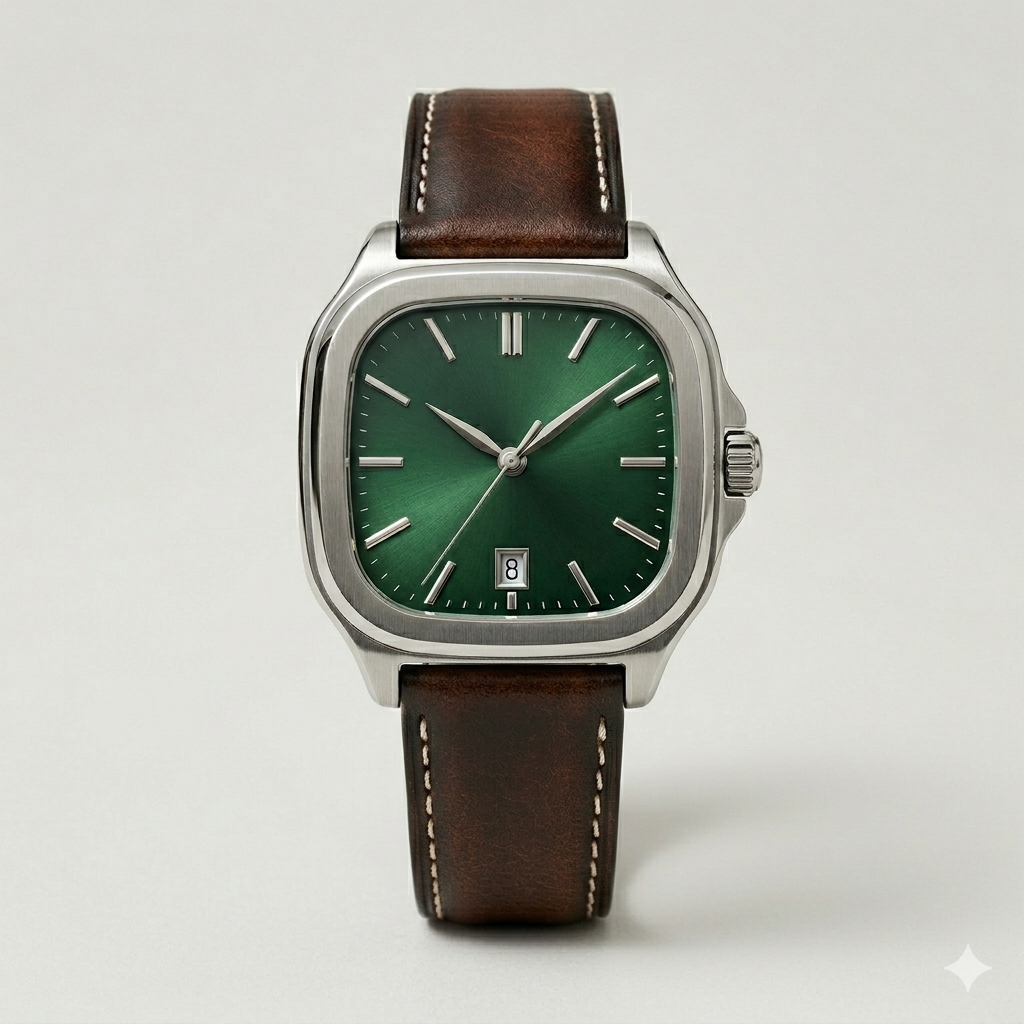 Square Green Dial Watch – Brown Leather Strap