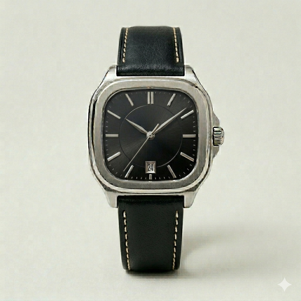 Square Black Dial Watch – Leather Strap