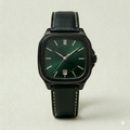 Square Green Dial Watch – Black Leather Strap