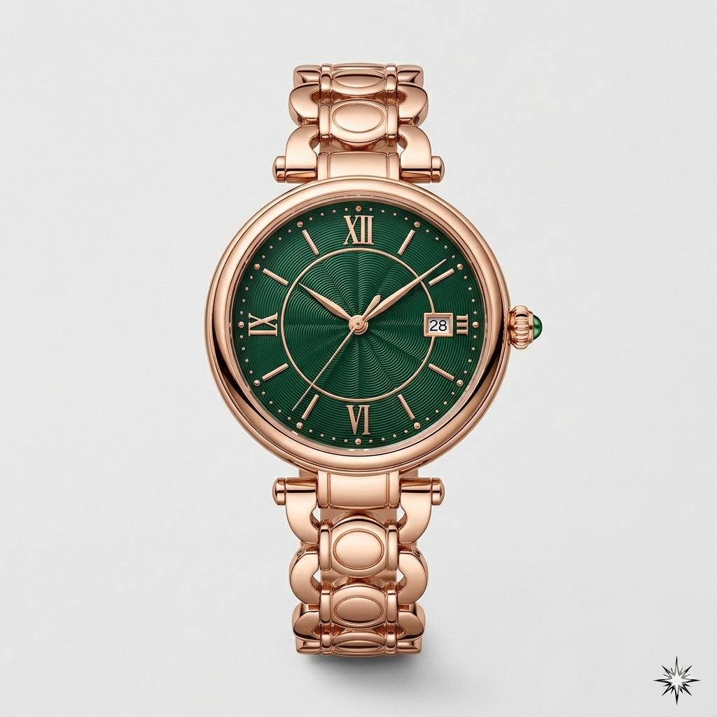 Round Green Dial Watch – Rose Gold Metal Strap