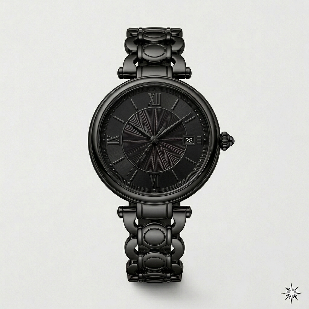 Round Black Dial Watch – Metal Link Strap