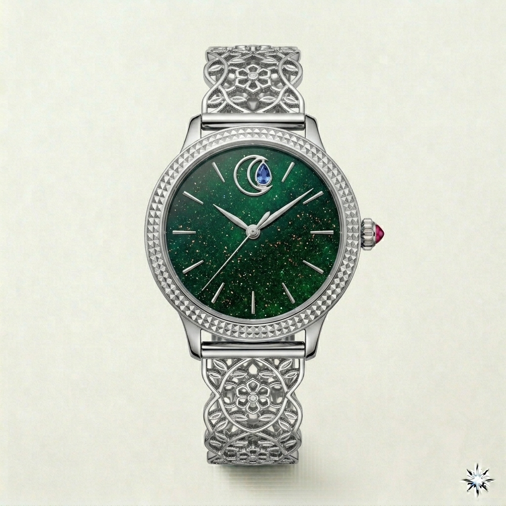 Celestia Emerald Dial Watch – Silver Filigree Edition