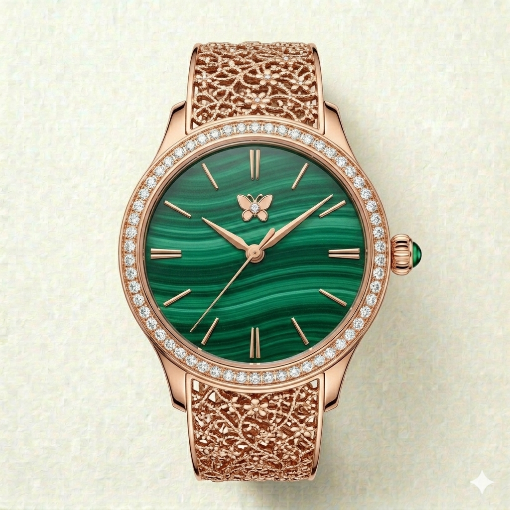 Rose Gold Tone Watch – Green Stone Dial & Filigree Strap