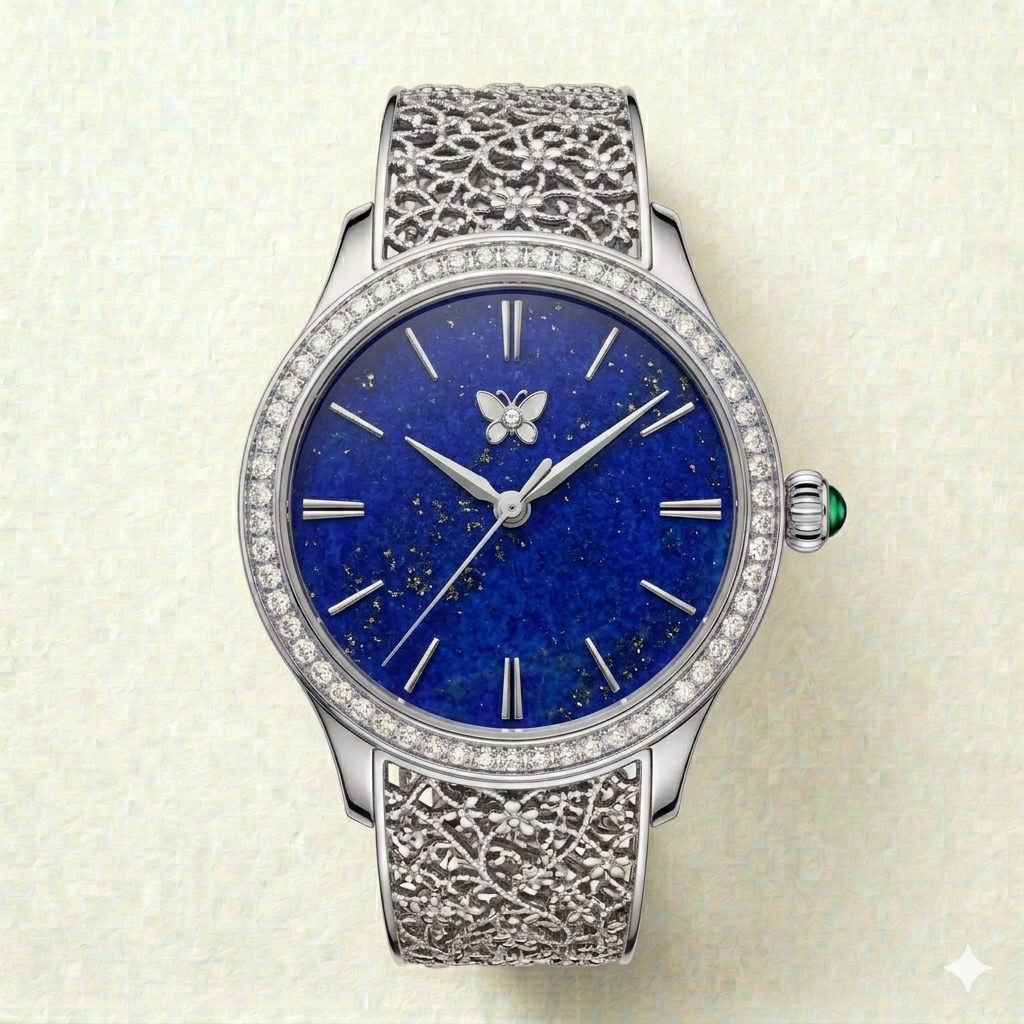 Round Blue Dial Watch – Textured Metal Strap