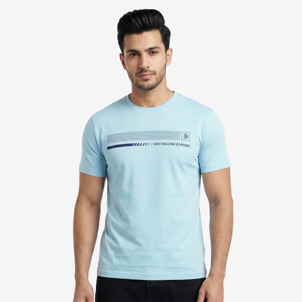 Men's Printed Round Neck Short Sleeve T-Shirt (Sky Blue)